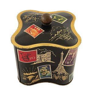 Vintage W. German Tin Box with Stamps and Travel Theme